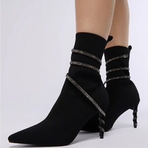 Azalea Wang Black Knit W/Silver Rhinestone Coil High Heel Boots